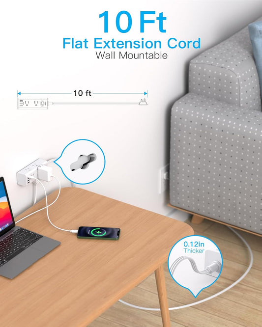 One Beat 10Ft Extension Cord with Multiple Outlets,Flat Plug Power Strip Surge Protector with 10 Ft Long Cord,6 Outlet 4 USB Ports (2USB C),Multi Outlet Wall Plug for Travel,College,Dorm Essentials