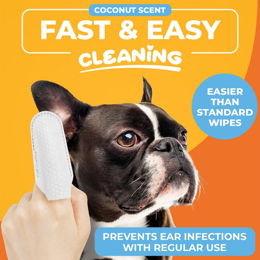 Dog Ear Cleaner Wipes – Finger Wipes for Dogs & Cats – Cleaning, Soothing, & Deodorizing Itchy Ears – Pet Ear Relief Solution (Coconut)