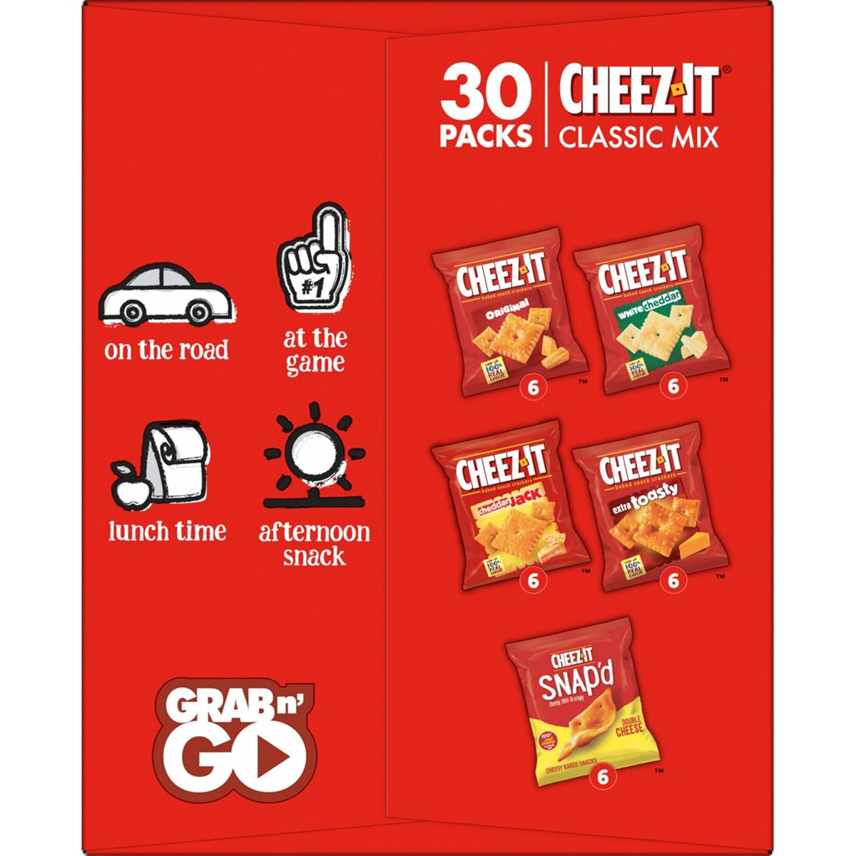 Cheez-It Original, Extra Toasty, Cheddar Jack, White Cheddar, and Cheez-It Snap'd Double Cheese Baked Snack Crackers Variety Pack, 28.74oz Box (30 Packs)