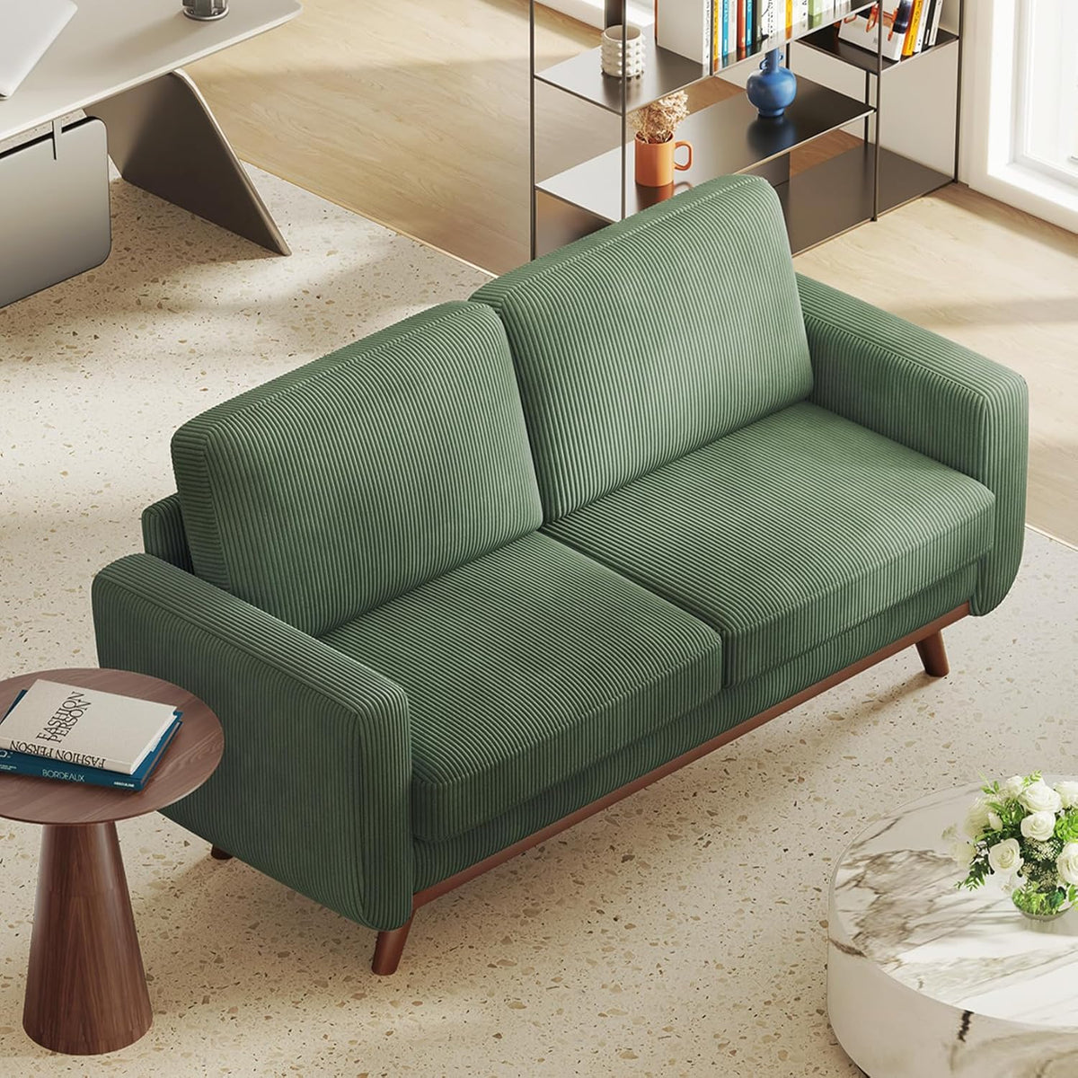 Vesgantti 68" Loveseat Sofa - Green, Comfy Corduroy with Spring Cushion, Solid Wood Frame, Modern Deep Seat, Bedroom & Living Room, Office Couch