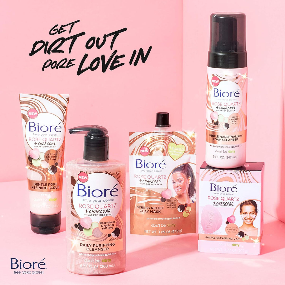 Bioré Rose Quartz + Charcoal Daily Purifying Cleanser, Oil Free Facial Cleanser Energizes Skin, Dermatologist Tested and Cruelty Free, 6.77 oz