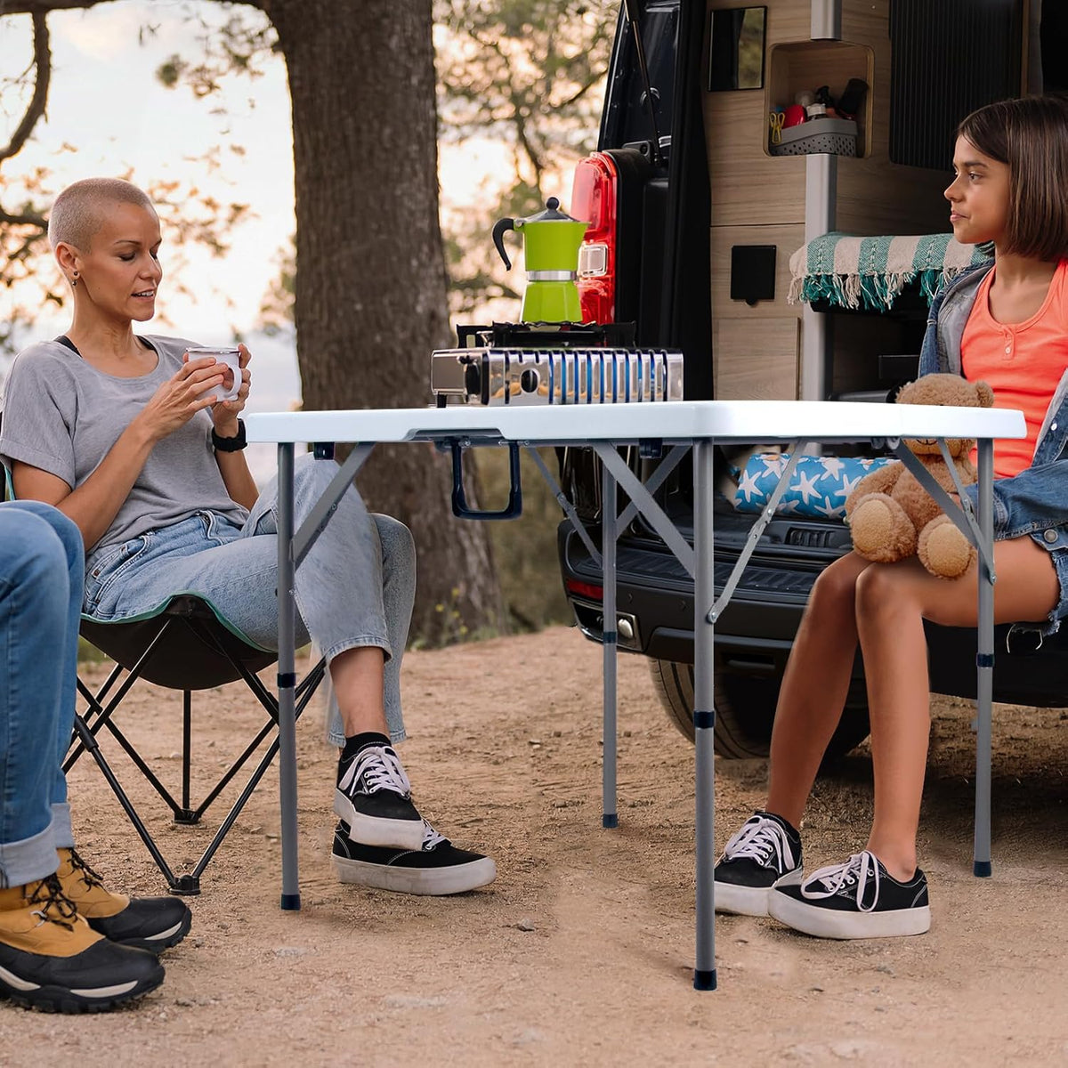 34" Square Folding Card Table, Fold-in-Half Utility Dining Portable Table Heavy Duty HDPE White Plastic Foldable with Carrying Handle Indoor Outdoor for Picnic, Camping, Party