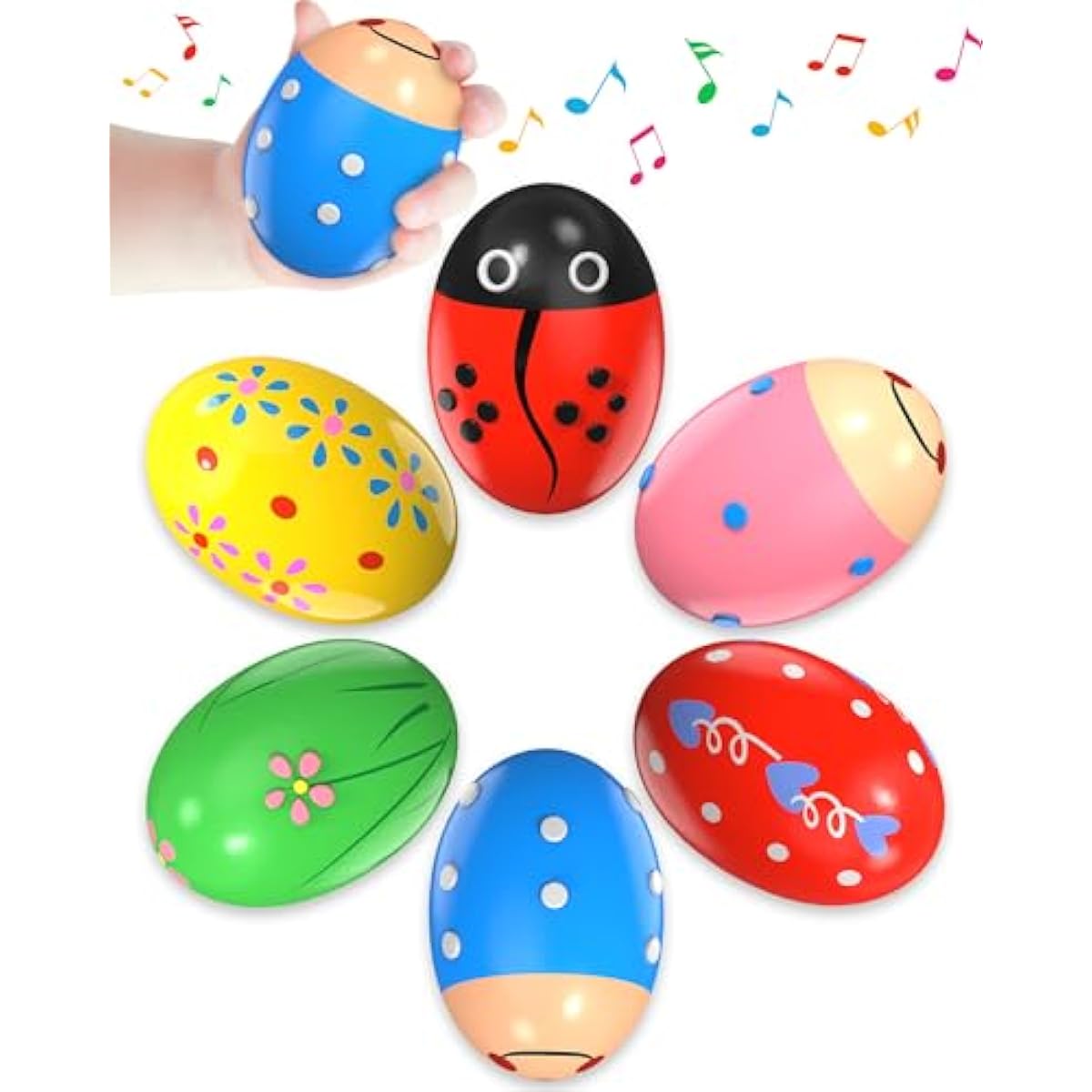 6 Pack Wooden Percussion Musical Shaker Prefilled Easter Eggs with Toys Inside Filled, Toddlers Easter Basket Stuffers Egg Fillers Montessori Toys Gifts for Kids Boys Girls Babies