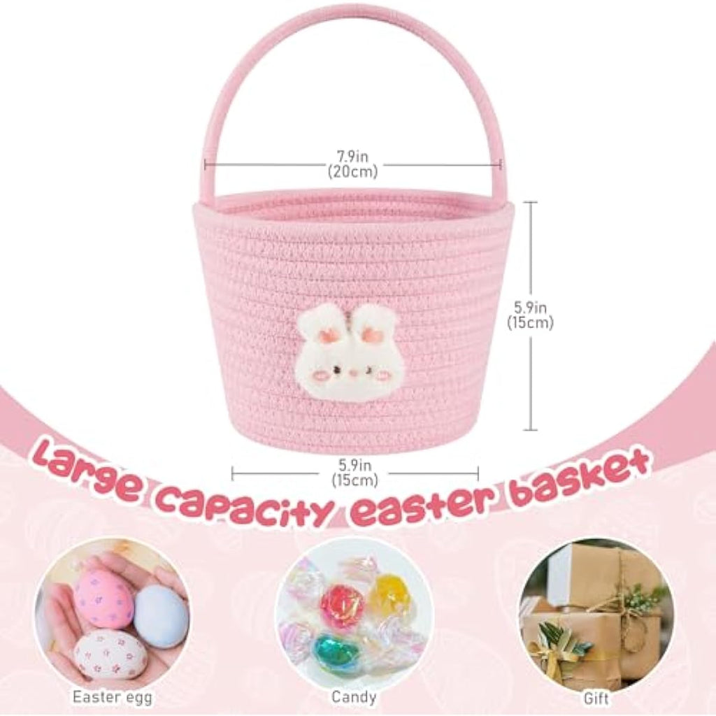 oiahomy pink easter basket with wooden handle for kids, personalized bunny gift basket for boys and girls