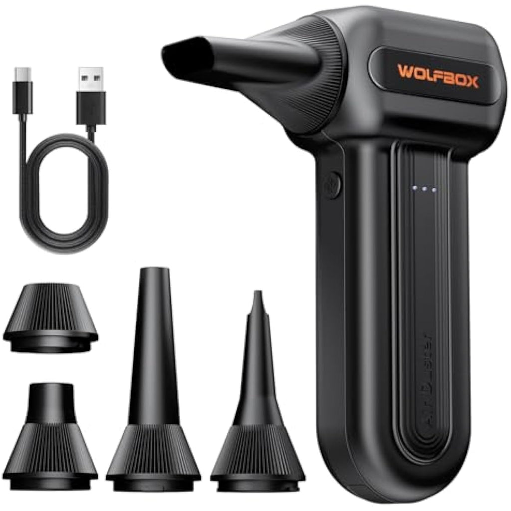 WOLFBOX MF60 Compressed Air Duster-110000RPM Super Power Electric Air Duster, 3-Speed Adjustable Rechargeable Cordless Air Blower with Fast Charging for PC Keyboard Cleaning, Car, Home, 5 Nozzle
