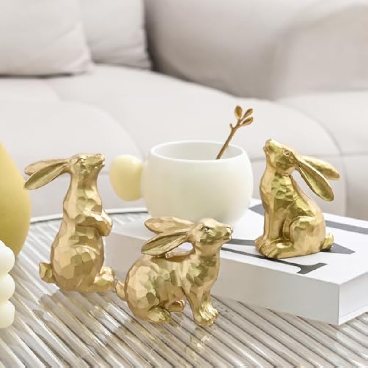 Resin Gold Bunny Decor Rabbit Figurines, Small Easter Bunny Figurine Set of 3, Easter Rabbit Statues for Spring Tabletop Decor
