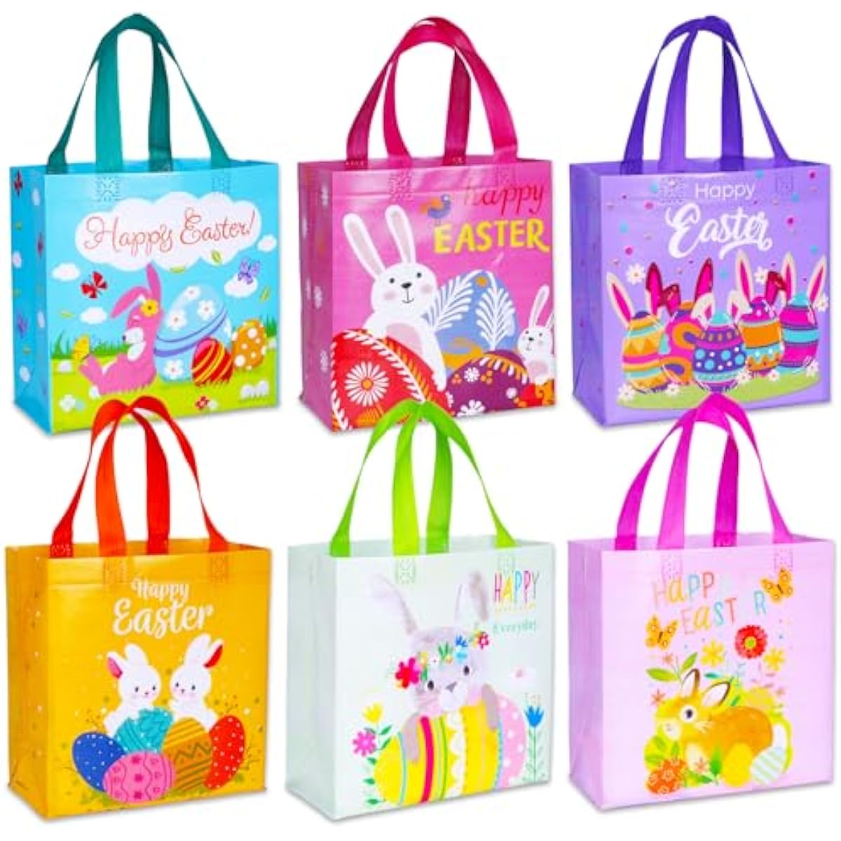 Exun happy easter gift bags with handles, 6-pack, bunny carrot chick designs, reusable non-woven treat bags for party favors and gift wrapping