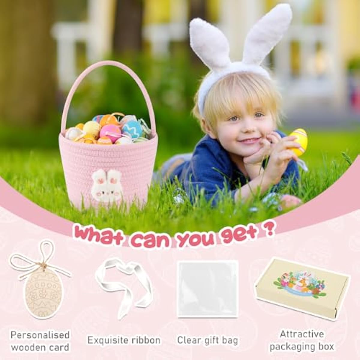 oiahomy pink easter basket with wooden handle for kids, personalized bunny gift basket for boys and girls