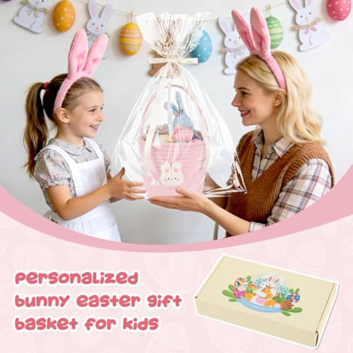 OIAHOMY Easter Basket with Handle, Personalized Bunny Easter Basket for Kids, Woven Rope Gift Empty for Eggs, Baby Treasure Hunt Baskets with Wooden Card for Boys and Girls - Pink