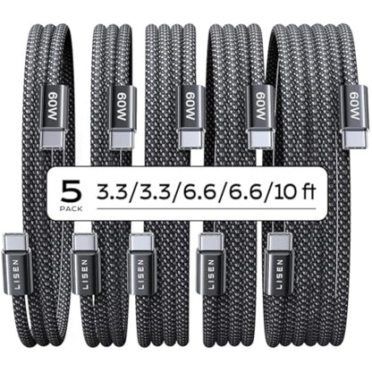Lisen 5-pack usb c to c cable, 60w fast charging, 10ft for iphone 17, ipad, galaxy s25/s24