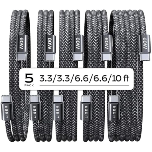 Lisen 5-pack usb c to c cable, 60w fast charging, 10ft for iphone 17, ipad, galaxy s25/s24