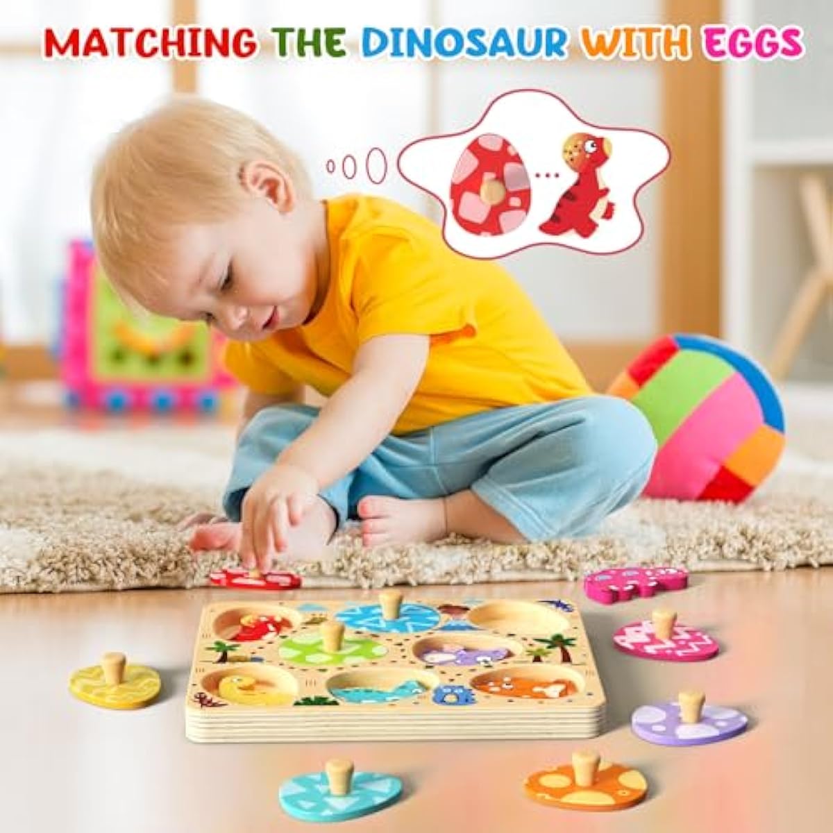 Wooden Puzzles for Toddlers, 8 Pcs Dinosaur Matching Egg Puzzle, Montessori Toys for Boy Girl Easter Birthday Gifts, Preschool Learning Activities & Educational Toys for Boys, Girls