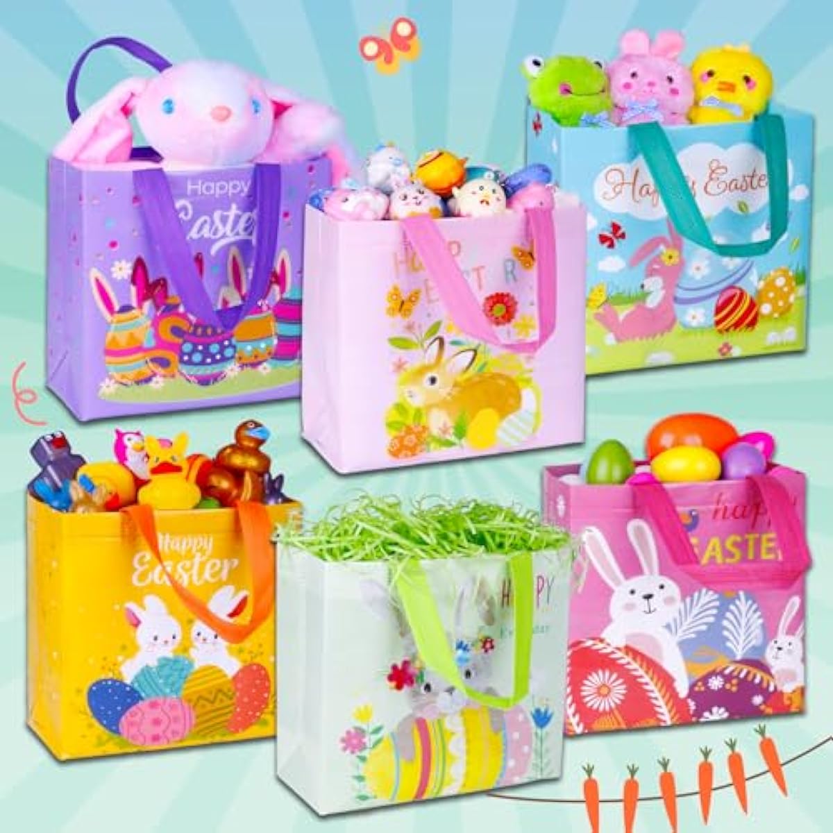 Exun Happy Easter Gift Bags with Handles, Bunny Carrot Chick Designs, Reusable Non-Woven Treat Bags for Party Favors, Gift Wrapping, Easter Basket Container, 9.1×8.7×4.5 inch, 6-Pack