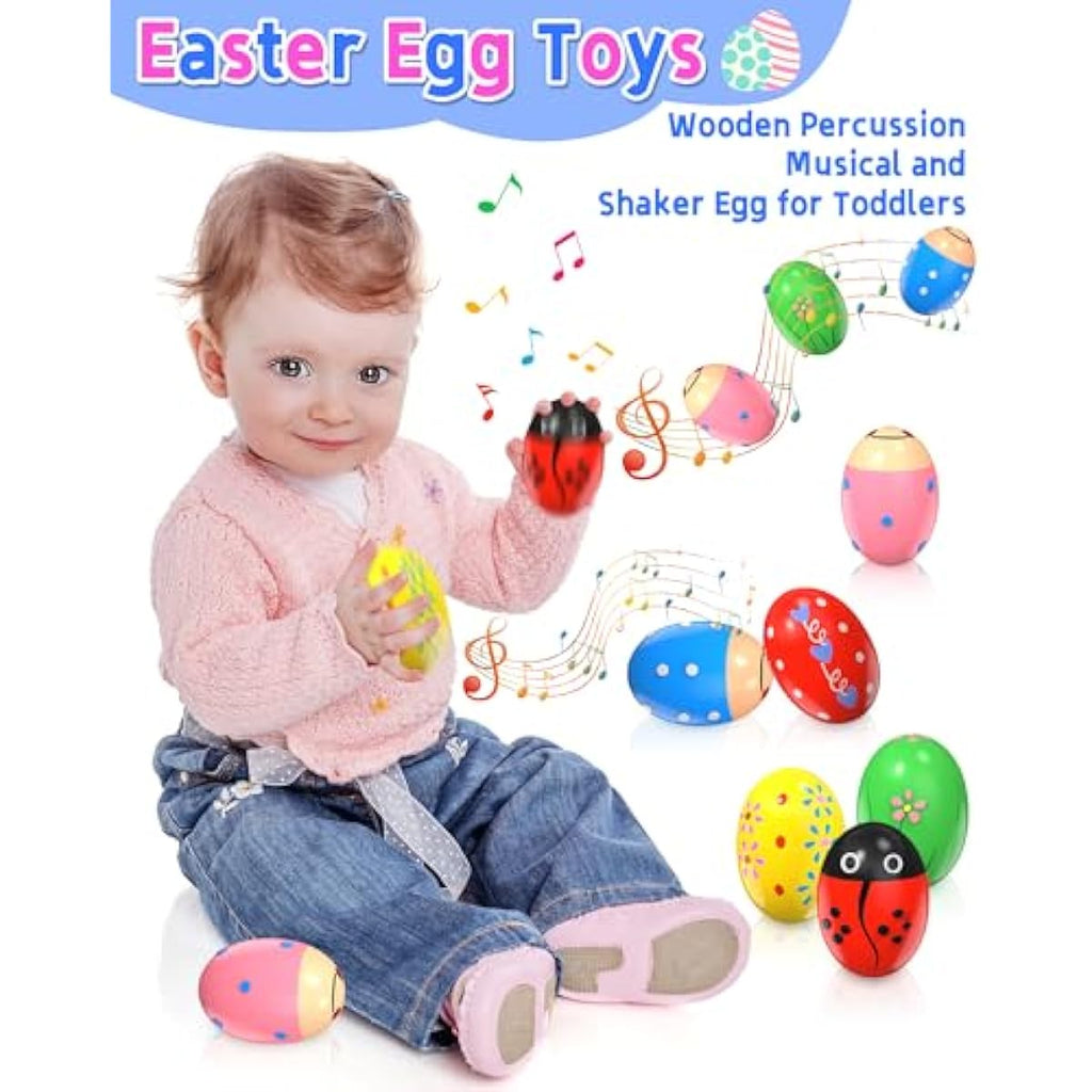 6 Pack Wooden Percussion Musical Shaker Prefilled Easter Eggs with Toys Inside Filled, Toddlers Easter Basket Stuffers Egg Fillers Montessori Toys Gifts for Kids Boys Girls Babies