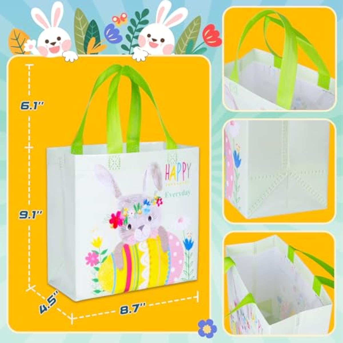 Exun Happy Easter Gift Bags with Handles, Bunny Carrot Chick Designs, Reusable Non-Woven Treat Bags for Party Favors, Gift Wrapping, Easter Basket Container, 9.1×8.7×4.5 inch, 6-Pack
