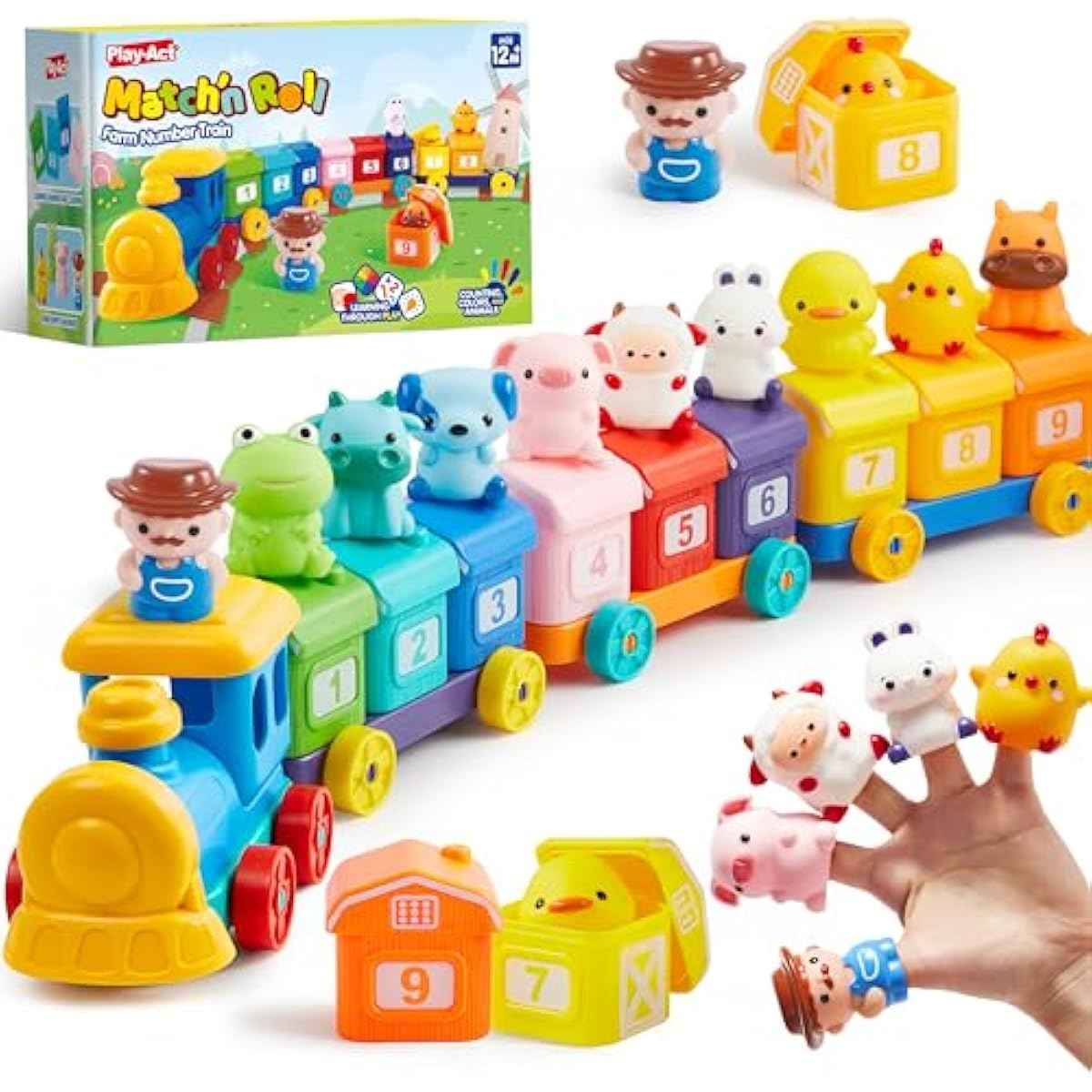 Play-Act Learning Toy for Toddlers 1 2 3 Years Old, Counting, Matching & Sorting Montessori Learning Farm Train Including 9 Farm Animals, Easter Basket Stuffers Birthday Gift for Baby Boys Girls