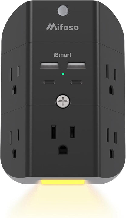 Surge protector outlet extender with night light, 5-outlet splitter, and 4 USB ports for home and dorm room essentials