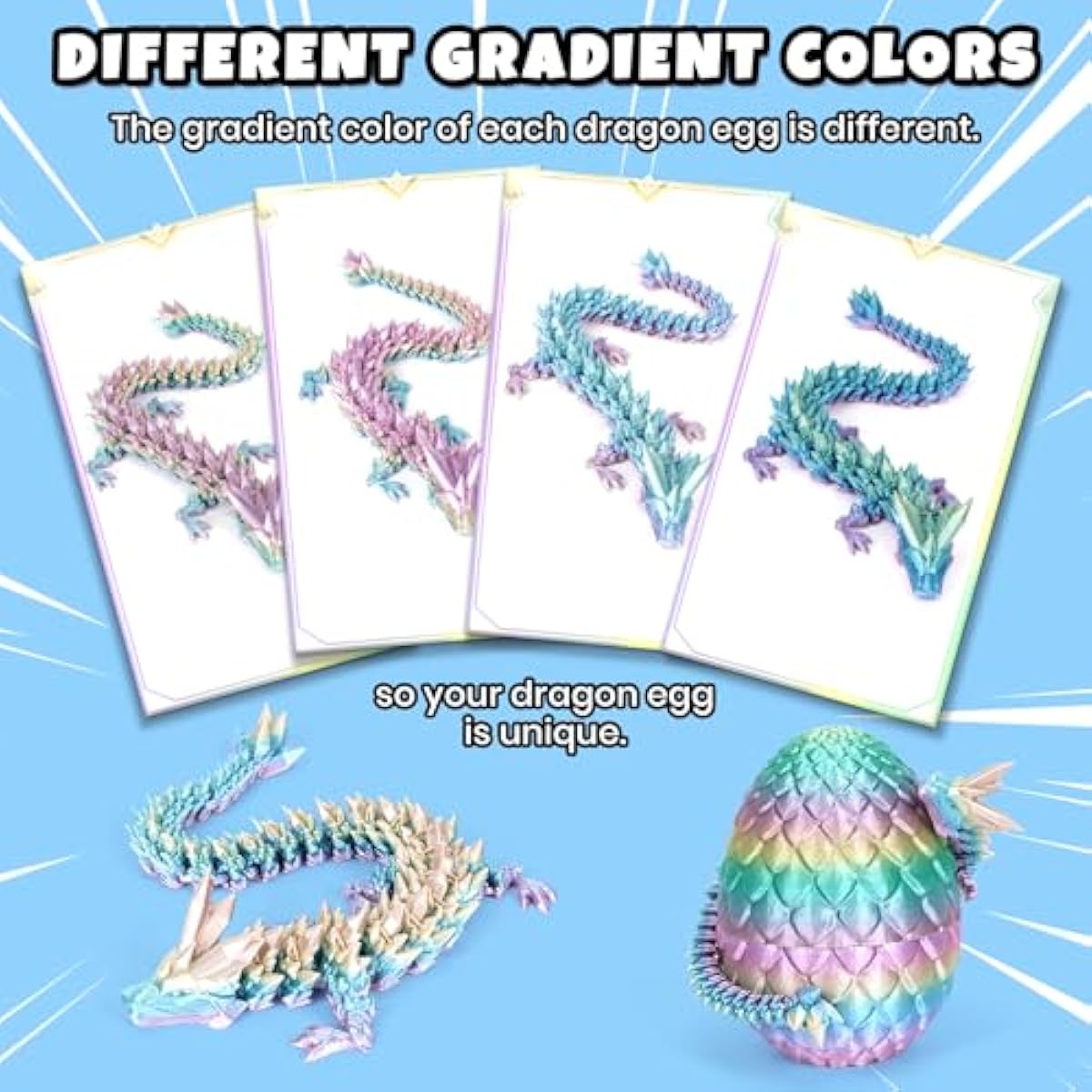 12" 3D Printed Dragon, Upgraded Fall Protection Dragon Egg & Reinforced 3D Dragons Joints, Safe Eco-Friendly Fidget Toy, Ideal for Easter Basket Stuffers, Easter Eggs (Rainbow Color)