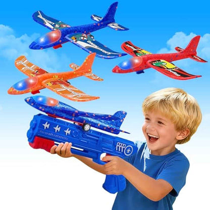 3 pack airplane launcher toys 2 flight modes led foam glider catapult planes outdoor kids flying toys birthday gifts 3+ year old