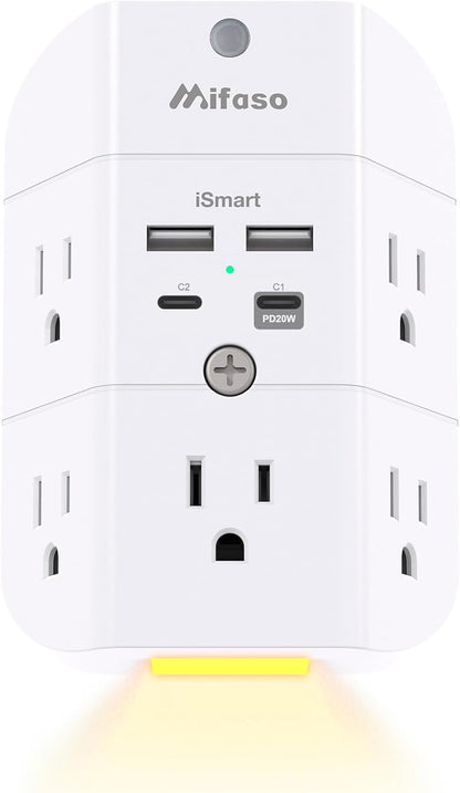 Surge protector outlet extender with night light, 5-outlet splitter, and 4 USB ports for home and dorm room essentials