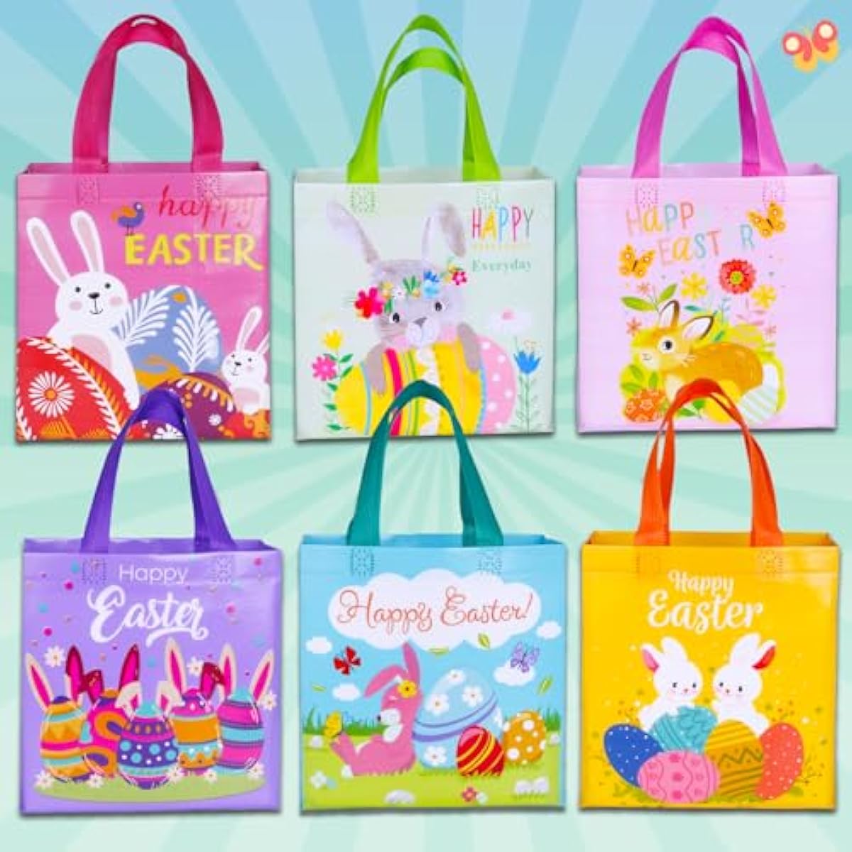 Exun happy easter gift bags with handles, 6-pack, bunny carrot chick designs, reusable non-woven treat bags for party favors and gift wrapping