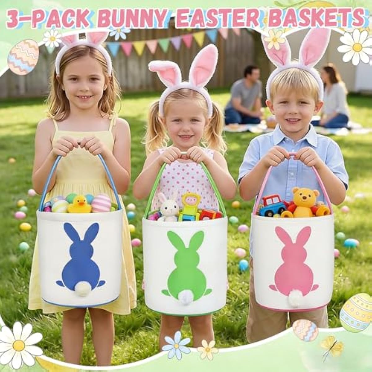 3 PCS Easter Eggs Hunt Basket for Kids Canvas Bunny Basket Egg Bags Rabbit Fluffy Tails Party Celebrate Decoration Gift Toys Carry Bucket Tote
