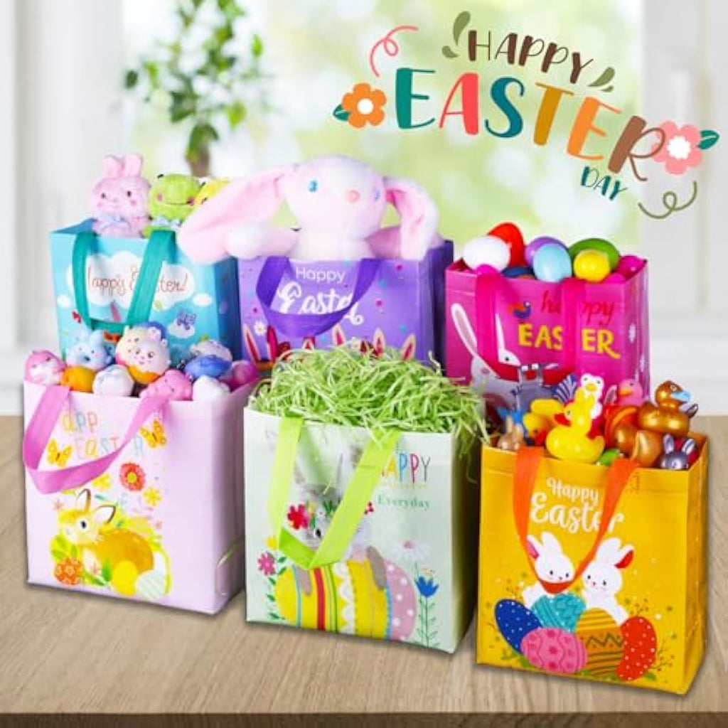 Exun happy easter gift bags with handles, 6-pack, bunny carrot chick designs, reusable non-woven treat bags for party favors and gift wrapping