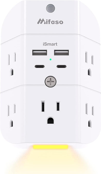 Surge protector outlet extender with night light, 5-outlet splitter, and 4 USB ports for home and dorm room essentials