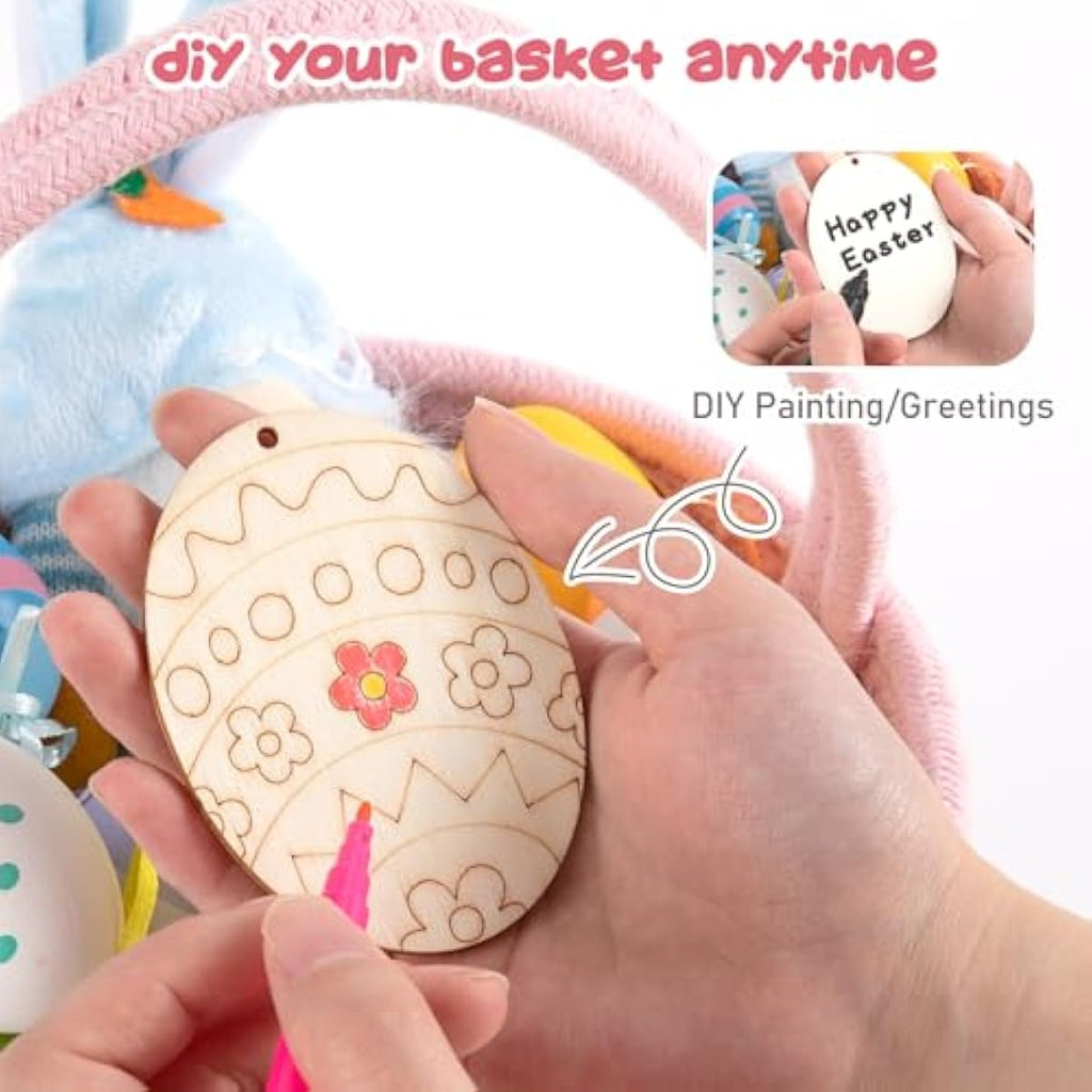 oiahomy pink easter basket with wooden handle for kids, personalized bunny gift basket for boys and girls