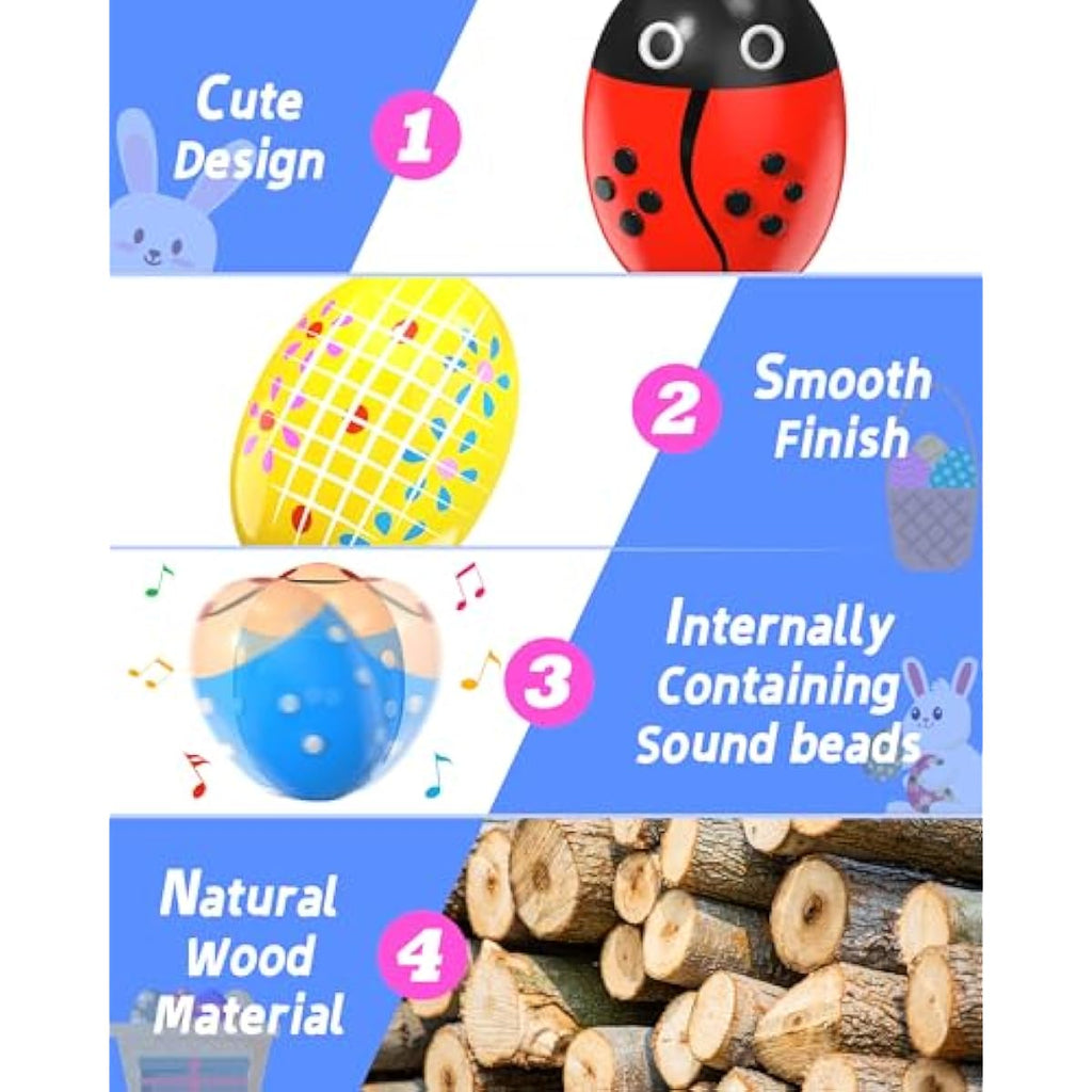 Wooden percussion shakers, 6-pack, prefilled Easter eggs with toys inside, Montessori toys for kids