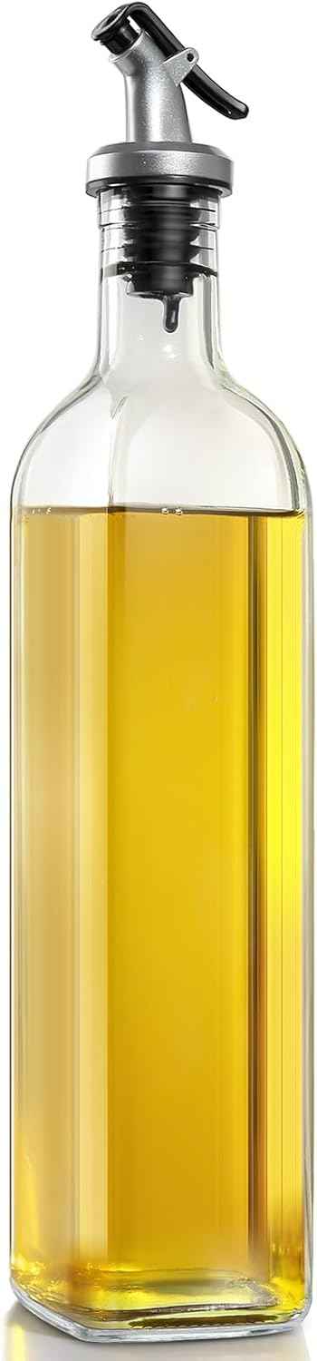 GMISUN Olive Oil Dispenser for Kitchen, 4 Pack 17 fl oz Glass Oil Dispensers Bottle, Cooking Soy Sauce Bottle Container Cruet with Plastic Pourer Spout, Funnel and Labels, Clear