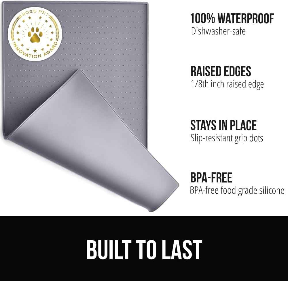 GORILLA GRIP 100% Waterproof Raised Edge BPA Free Silicone Pet Feeding Mat, Dog Cat Food Mats Contain Spills Protects Floors, Placemats for Cats and Dogs Water Bowl, Pets Accessories 18.5x11.5 Gray
