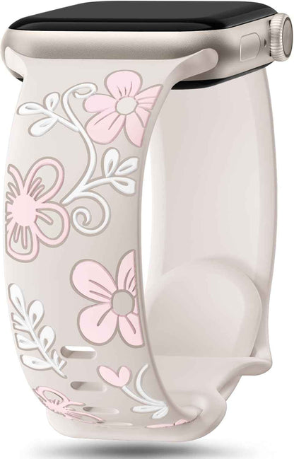 Witzon Floral Band Compatible with Apple Watch Bands For Women 40mm 41mm 38mm 42mm 44mm 45mm 46mm 49mm, Engraved Cute Flower Silicone Dressy Strap for iWatch Series 11 10 9 8 7 6 5 4 3 2 SE Ultra