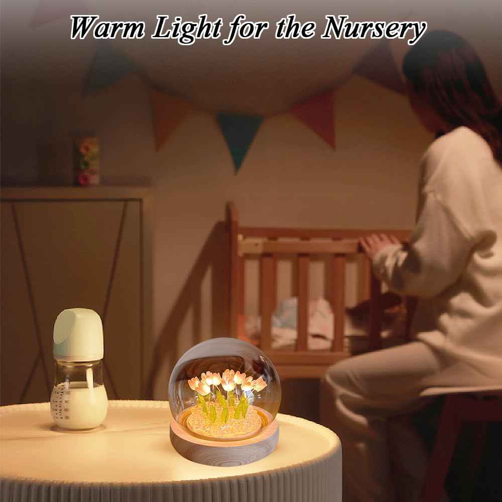Birthday Gift for Women, Flower Night Light USB Tulip Table Lamp with Wooden Base and Glass Cover for Home Decor Ideal Anniversary Christmas Gift for Mother Wife Sister Daughter Girlfriend and Kids