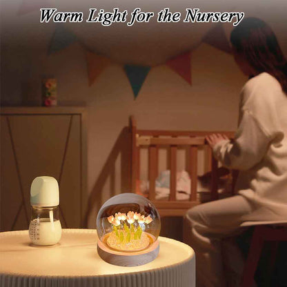 Birthday Gift for Women, Flower Night Light USB Tulip Table Lamp with Wooden Base and Glass Cover for Home Decor Ideal Anniversary Christmas Gift for Mother Wife Sister Daughter Girlfriend and Kids