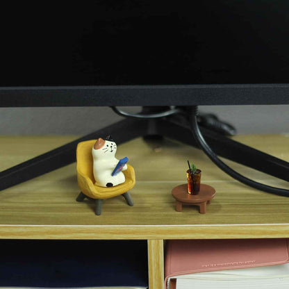 Cute Cat Playing Phone on Sofa and Drinking Coffee Figurine for Office Home Decor - Cute Cat Gift for Cat Lovers