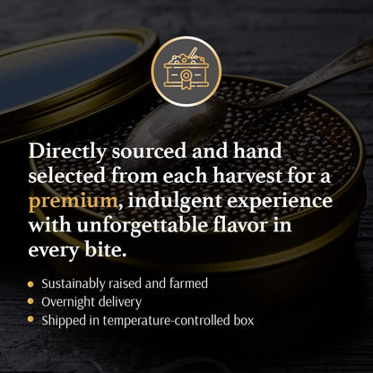 OLMA Classic Caviar Black Caviar Gift Box - Includes 2 oz of Siberian Osetra Aurora, White Sturgeon, Paddlefish, Hackleback Sturgeon Fish Roe & Mother of Pearl Serving Spoon - Overnight Delivery