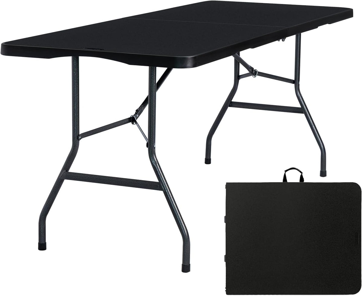 Folding Table 6ft Portable Heavy Duty Plastic Fold-in-Half 6 Foot Foldable Table Utility Dining Indoor Outdoor with Carrying Handle for Camping Picnic and Party, Black