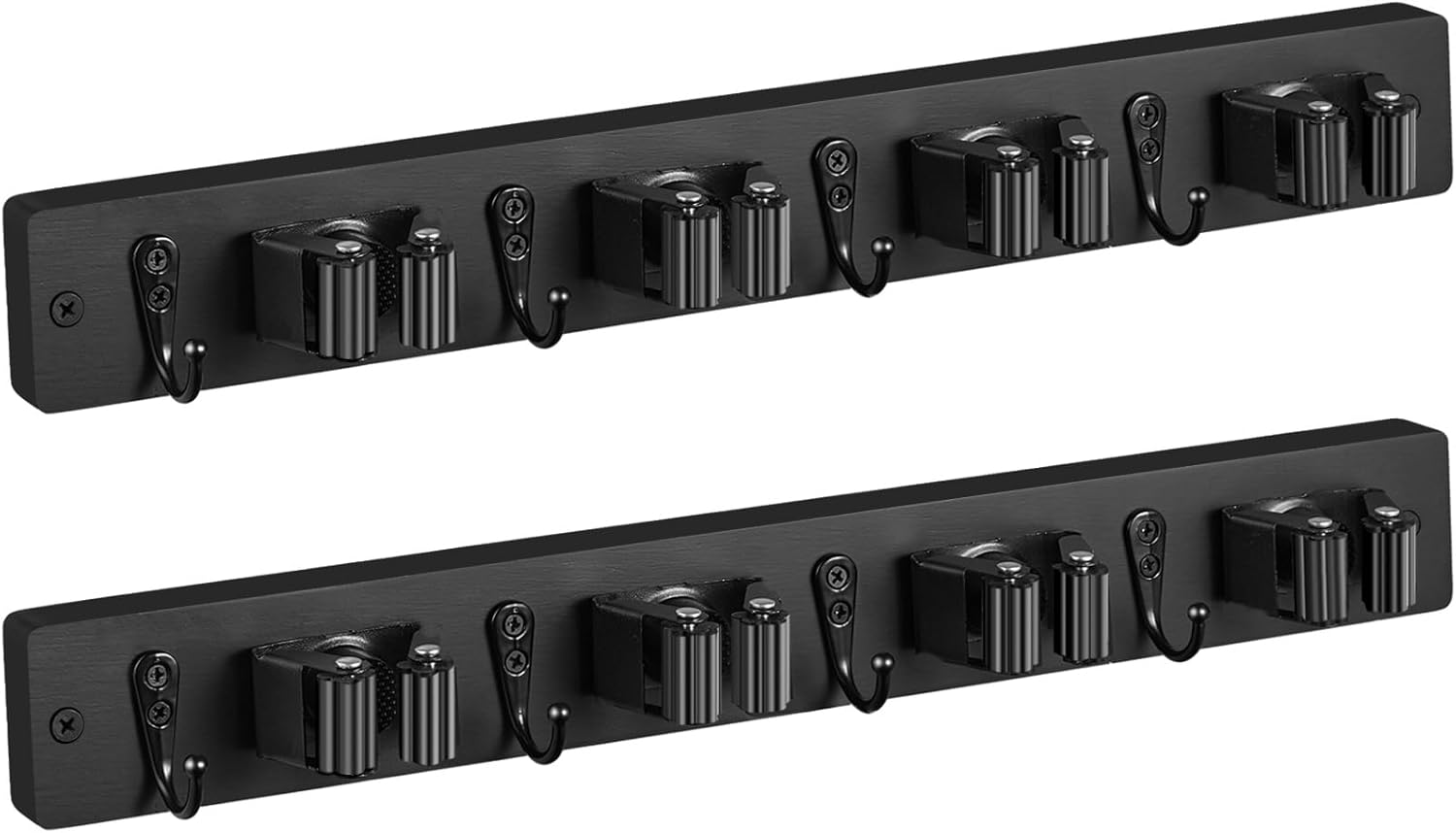 Mop and Broom Holder Wall Mount - Rustic Wood Broom Mop Hanger - Wall Mounted Garden Tool Rack Organizer for Closet Garage Laundry Room Kitchen Decor With 4 Slots & 4 Hooks - Zynora