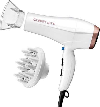 Conair Double Ceramic Hair Dryer with Diffuser | Blow Dryer with Ionic Conditioning | Includes Diffuser and Concentrator | Amazon Exclusive, White