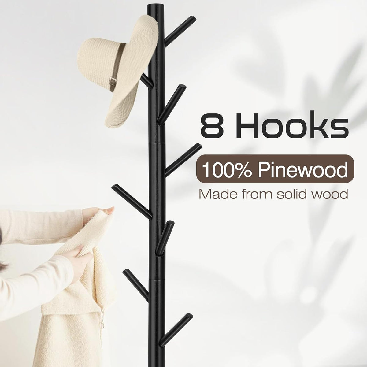 Coat Rack, Freestanding Coat Rack with 8 Hooks and 3 Adjustable Size Tree Coat Racks for Bedroom, Hallway, Entrance, Office, for Hats, Coats, Scarves, Handbags
