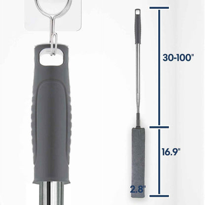 Retractable gap dust cleaner with 60-inch extension pole and 3 microfiber cloths for easy cleaning under appliances and furniture