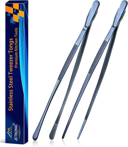 JETKONG 2 Pcs 12-Inch Kitchen Tweezers Fine Tweezer Tongs, Extra-Long Stainless Steel Cooking Tweezers (Silver)