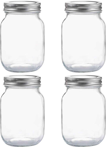 YINGERHUAN Glass Regular Mouth Mason Jars, 16 oz Clear Glass Jars with Silver Metal Lids for Sealing, Canning Jars for Food Storage, Overnight Oats, Dry Food, Snacks, Candies, DIY Projects (4PACK)