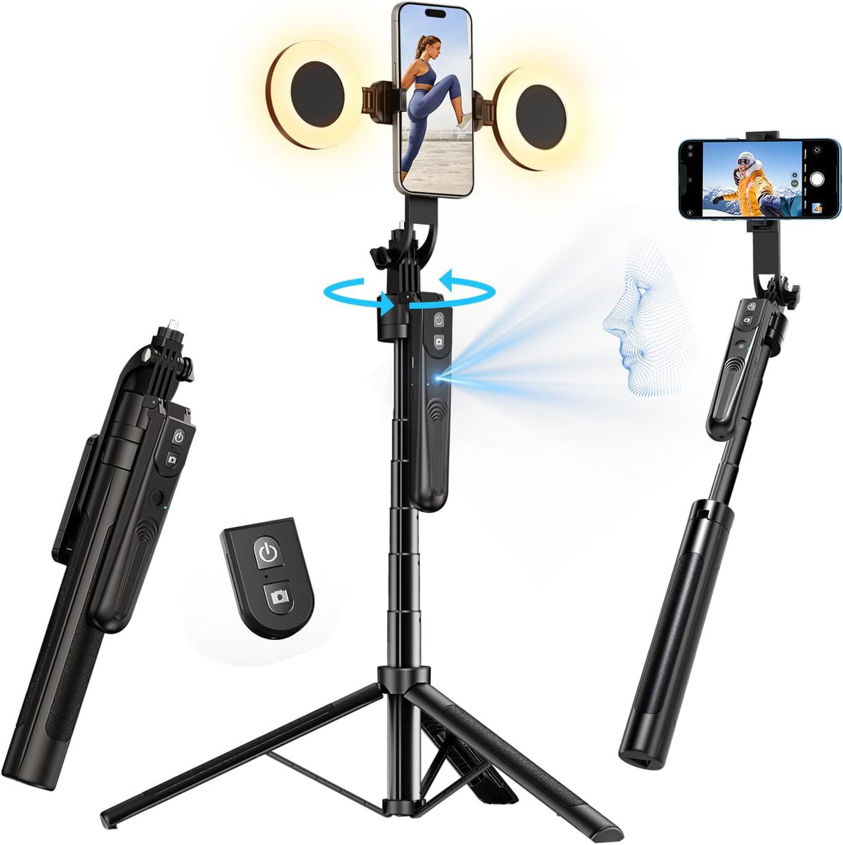 yAyusi 70.9" Auto Face Tracking Selfie Stick Tripod for iPhone with Light, No App, 360° Rotation Tripod That Follows Your Movement with Remote Control for Vlog/Live Stream/Video Recording