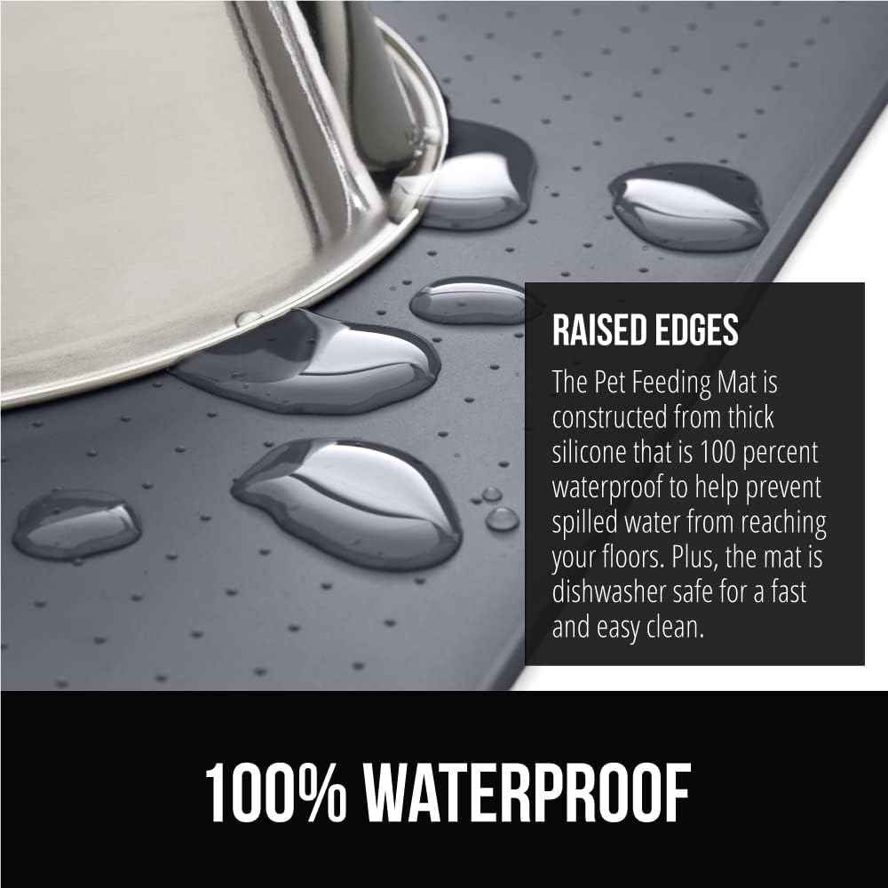 GORILLA GRIP 100% Waterproof Raised Edge BPA Free Silicone Pet Feeding Mat, Dog Cat Food Mats Contain Spills Protects Floors, Placemats for Cats and Dogs Water Bowl, Pets Accessories 18.5x11.5 Gray