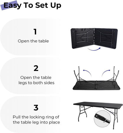 Folding Table 6ft Portable Heavy Duty Plastic Fold-in-Half 6 Foot Foldable Table Utility Dining Indoor Outdoor with Carrying Handle for Camping Picnic and Party, Black