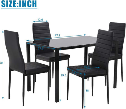 FDW | 5-Piece Dining Table Set | Black | Glass Kitchen Table with 4 Upholstered Chairs and Faux Leather Cushions | Space-Saving and Modern Design | for Dining Room, Easy to Assemble