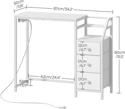Small Vanity Desk Without Mirror, Makeup Vanity Table with Power Outlet, White Vanity with Fabric Drawers, Dressing Table, for Small Spaces, Bedroom, White