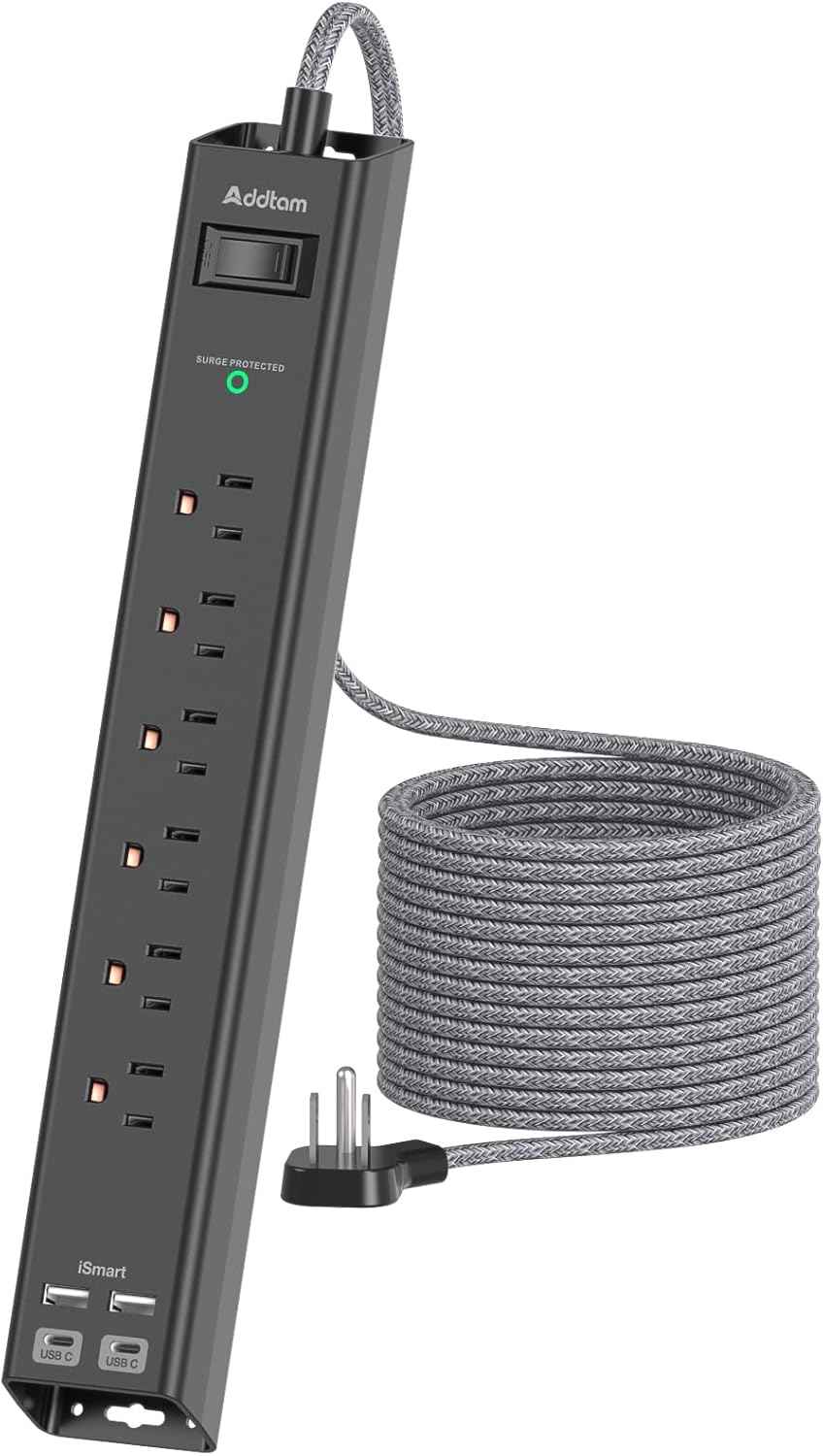 Surge Protector Power Strip - Extension Cord with Addtam 6 AC Outlets 4 USB (2 USB-C Ports), 1875W/15A, Flat Plug with Overload Surge Protection, Outlet Extender for Home Office Dorm Room Essentials